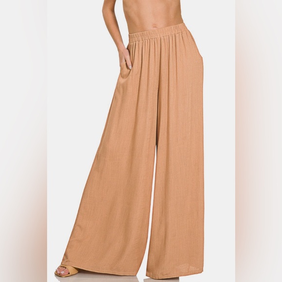 Zenana Pleated Linen Blend Wide Leg Pants